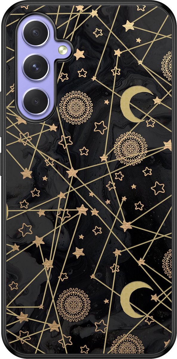 Leuke Telefoonhoesjes - Hoesje geschikt voor Samsung Galaxy A54 - Sterren, zon, maan - Backcover zwart - Sterren - Zwart, Goud