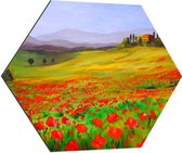 WallClassics - Dibond Hexagon - Schilderij van Tulpenveld met Blauwe Lucht - 70x60.9 cm Foto op Hexagon (Met Ophangsysteem)