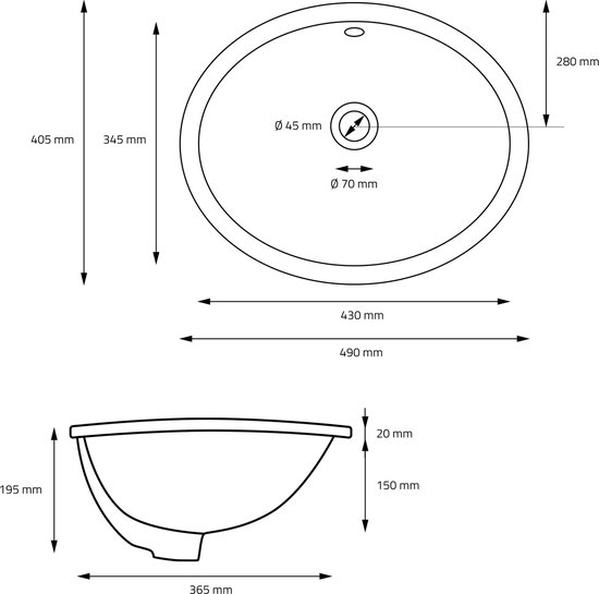 Dessin technique d'un lavabo ovale blanc en céramique avec dimensions.