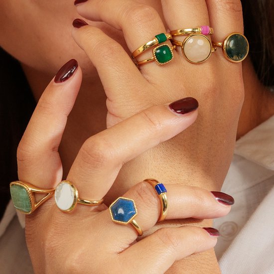 My Bendel - Bague en or avec une grosse pierre précieuse d'aventurine bleue - Bague en or spéciale formée dans un hexagone avec une pierre précieuse d'aventurine bleue - Avec coffret cadeau de luxe