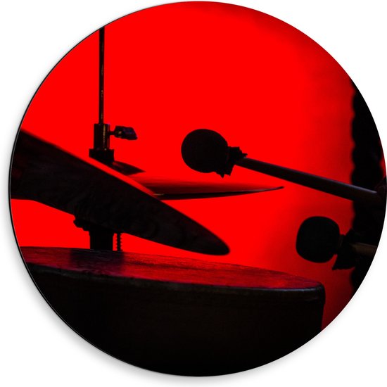 Dibond Muurcirkel - Drumtoestel in Rood Licht - 50x50 cm Foto op Aluminium Muurcirkel (met ophangsysteem)