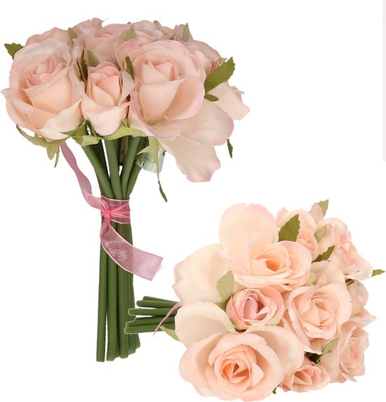 2x Luxe boeket kunstbloemen roze rozen 20 cm - Bruidsboeketten | bol.com
