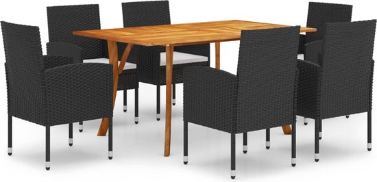 Gecheer 7-delige tuin-eetgroep, terrasmeubelset voor 6 personen, zitgroep eettafel met glazen tafelblad en 6 rotanstoelen met zitkussen, tuinmeubelset zwart