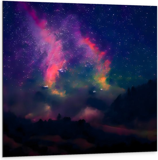 Dibond - Roze en Geel Licht in de Melkweg - 100x100 cm Foto op Aluminium (Wanddecoratie van metaal)