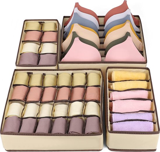 Box voor lade, 4-pack, lade-organizersysteem, opvouwbare garderobe-organizer, stoffen vouwdoos voor ondergoed, beha's, sokken, stropdassen, ladeverdeler kubussencontainer, beige