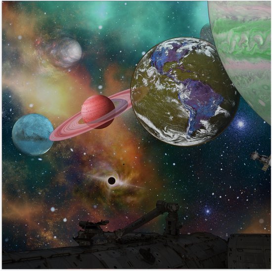 Poster (Mat) - Alle Planeten van het Universum vanaf Ruimteschip - 50x50 cm Foto op Posterpapier met een Matte look
