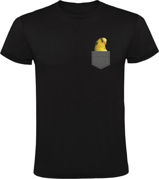 Perruche jaune dans la poche de poitrine T-shirt homme | drôle| mignon| oiseau | animal préféré| tête d'oiseau | curieuse | mignonne| perruche | oiseau |
