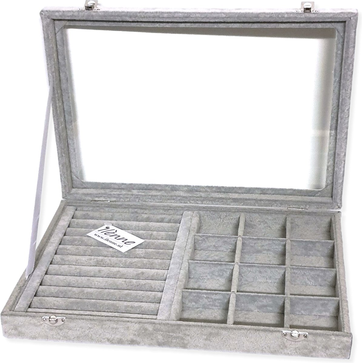 Ilènne - Sieradendoos met ringkussen en vakjes - Grijs - 35x24x5 cm - Met deksel