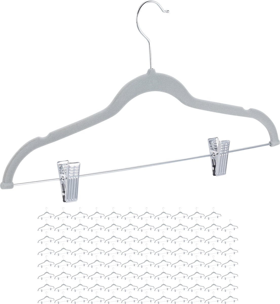 96x kledinghanger met clips - fluweel - kleerhanger - broekhangers - grijs - set