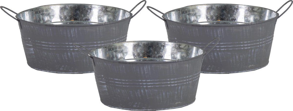 Goedkoopste Mega Collections Teil/emmer/plantenpot - 3x - zink - grijs - rond - D19 x H9 cm