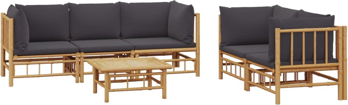 vidaXL 6-delige - Loungeset - met - kussens - bamboe - donkergrijs
