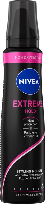 Mousse coiffante Nivea Extreme Hold avec inscription noire et rose. "NON DRYING OUT" en haut.