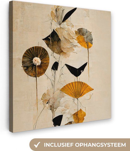 Canvas Schilderij Bloemen - Vintage - Planten - Goud - 90x90 cm - Wanddecoratie