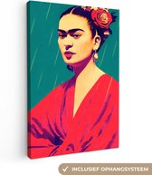 Canvas Schilderij Portret - Frida Kahlo - Vrouw - Vintage - Rood - 80x120 cm - Wanddecoratie