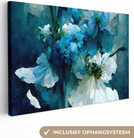 Canvas Schilderij Bloemen - Boeket - Verf - Blauw - 90x60 cm - Wanddecoratie