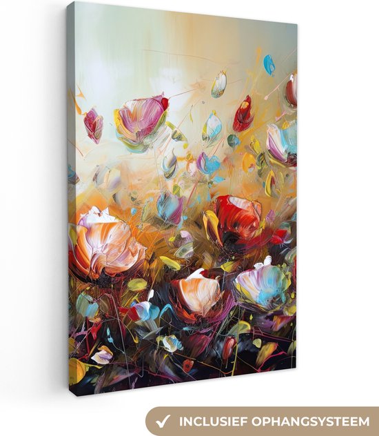 Canvas schilderij - Bloemen olieverf 80x120 - Kamer decoratie accessoires - Kunst schilderijen woonkamer - Wanddecoratie slaapkamer - Muurdecoratie keuken - Wall decoration - Wanddoek interieur binnen - Woondecoratie huis - Woonaccessoires