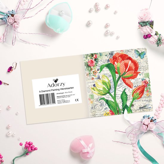 Wenskaart met diamantschilderij van rode en gele tulpen met vlinders en libellen.