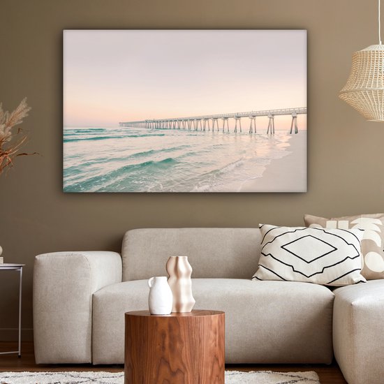 Tableau sur toile - Mer - Plage - Pont - Soir - Coucher de soleil - Peintures sur toile - Canvasdoek - Photo sur toile - Décoration salon - Chambre - Décoration murale - 120x80 cm - Toile toile - Décoration chambre