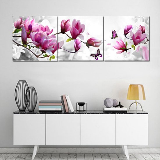 Allernieuwste.nl® SET de 3 pcs Peinture sur Toile * Fleurs de Magnolia avec Papillons * - Art sur votre Mur - Moderne - Couleur - 3 Panneaux - 40 x 40 cm