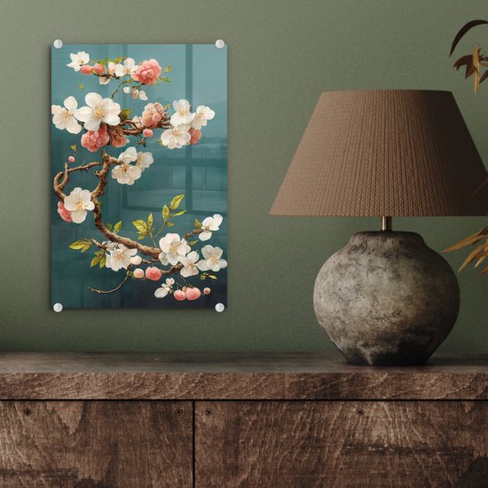 MuchoWow® Tableau sur verre 20x30 cm - Tableau sur verre acrylique - Fleurs - Fleur - Cerises - Branche - Wit - Photo sur verre - Décoration murale salon - Décoration murale chambre - Peintures