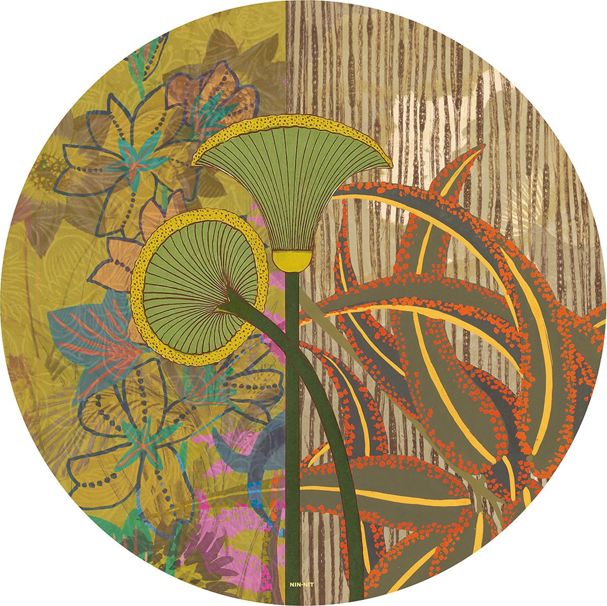 NIN-NIT - Bohemio Wall-art - Wandcirkel - muurcirkel - Ø90 cm - Dibond - aluminium - botanisch - bohemian - eclectisch - bloemen - strepen - geel - groen - oranje - bruin - blauw