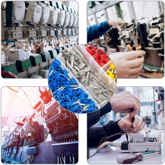 Collage met diverse elektrische installaties en een close-up van een bakje met gekleurde aderhulzen.