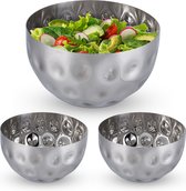 Relaxdays 3x saladeschaal zilver - saladekom rvs - 1 liter - serveerkom - metalen schaal