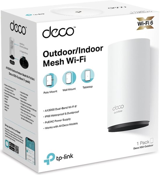 Doos van de TP-Link Deco X50 Outdoor mesh wifi-unit met afbeeldingen van de unit en montageopties.