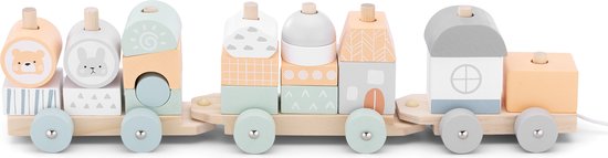 Navaris houten speelgoedtrein voor kinderen - Trein van hout met 20 blokken - Voor jongens en meisjes van 18 maanden en ouder - Oranje/groen - Navaris