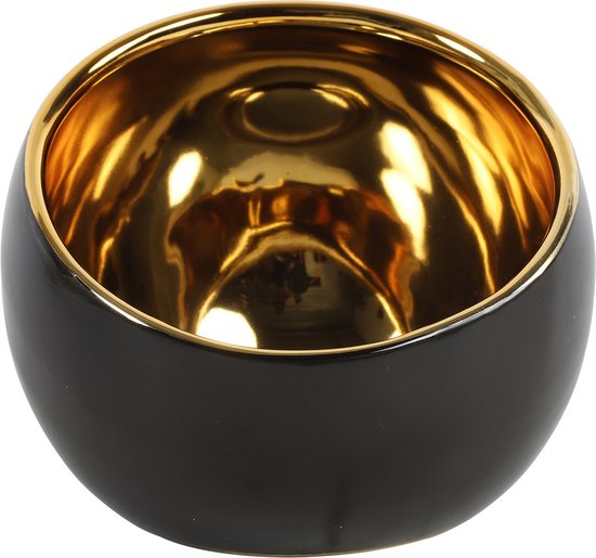Countryfield Luxe theelichthouder - Veneta - keramiek - zwart/goud - D15 x H13.5 cm