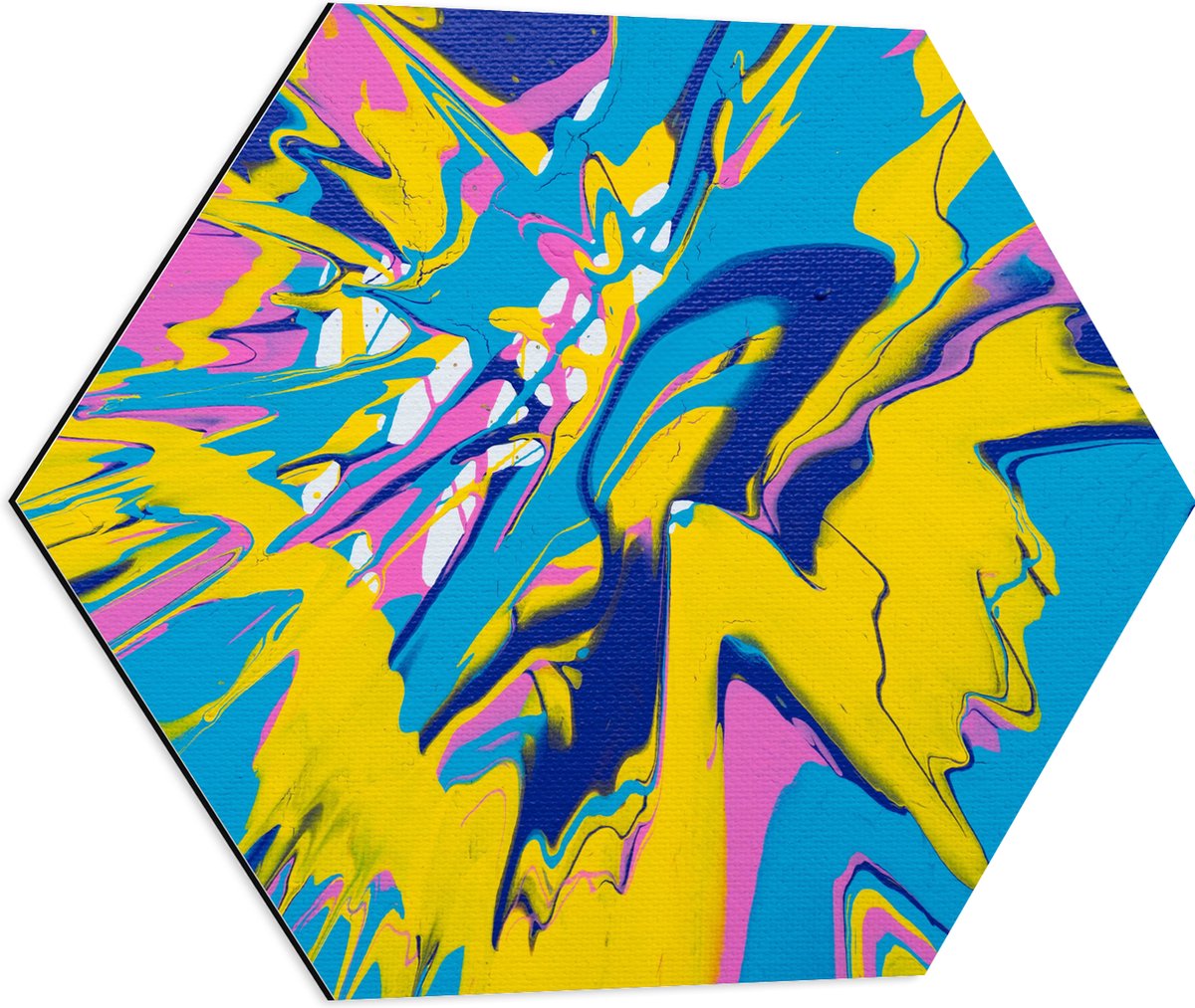 Dibond Hexagon - Mix van Felle Kleuren Verf in Geel, Blauw en Roze - 60x52.2 cm Foto op Hexagon (Met Ophangsysteem)