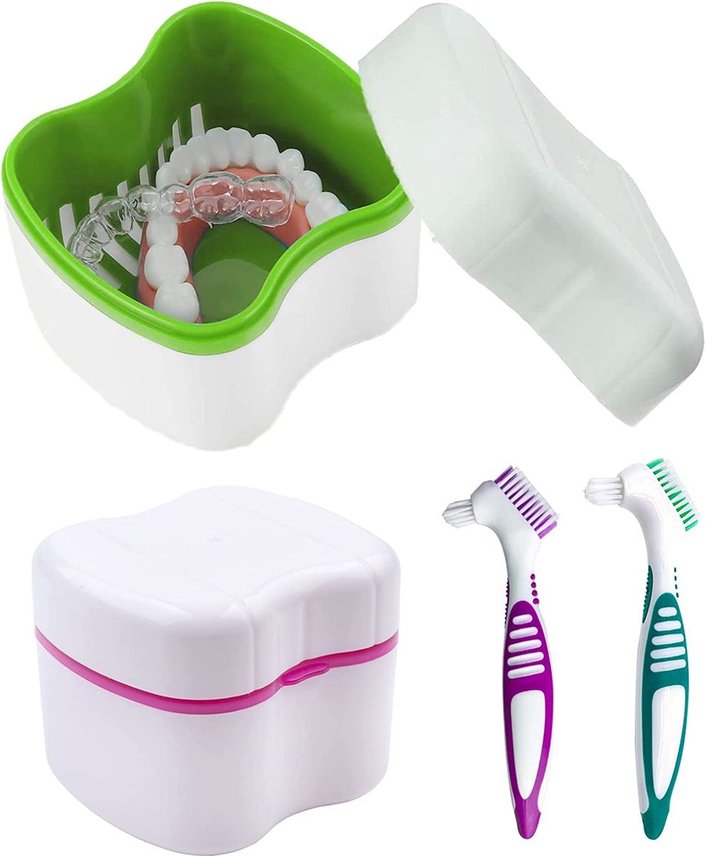 2 beugeldoos, 2 prothesenreinigingsborstels met dubbele koppen, bretelbox met afvoermand, prothesen opbergdoos, kopjes voor het inweken van tandprothesen, opslag reiniging, verzorging van tandspelden