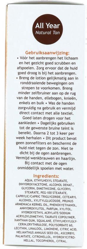 Gebruiksaanwijzing en ingrediëntenlijst voor Vision All Year Natural Tan.