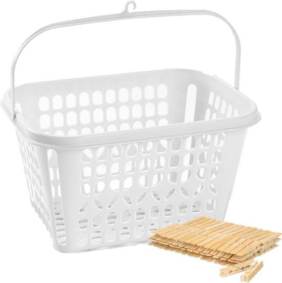 Panier de collection de Épingles à linge avec crochet et 60x morceaux de pinces à linge en bois 7 cm