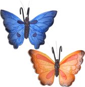 Tuindecoratie bloempothanger vlinder - set 2x - blauw/oranjerood - kunststeen - 13 x 10 cm