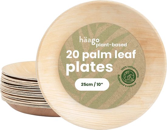 HAAGO 20 Assiettes en feuille de palmier (⌀ 25 cm, rondes) Assiettes biodégradables - Vaisselle de pique-nique et d'extérieur respectueuse de l'environnement - Passe au micro-ondes