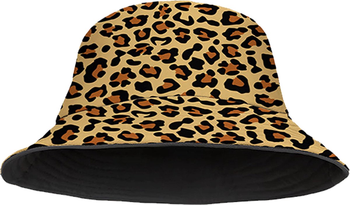 Yucka - Bucket Hat - Vissershoedje - Hoedje - Kinderen - Panterprint - Panter - Reversible - 4 t/m 7 jaar - 52 cm - bruin - zwart