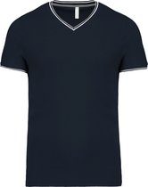 Donkerblauw t-shirt met Grijs-wit streepje bij kraag en mouw V-hals merk Kariban maat L