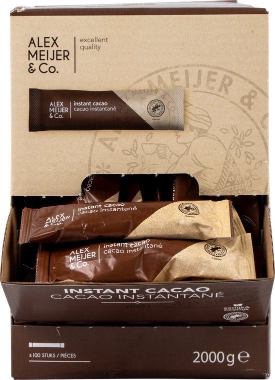 Doos Alex Meijer instant cacao met 100 zakjes van 20g. Zakjes binnenin.