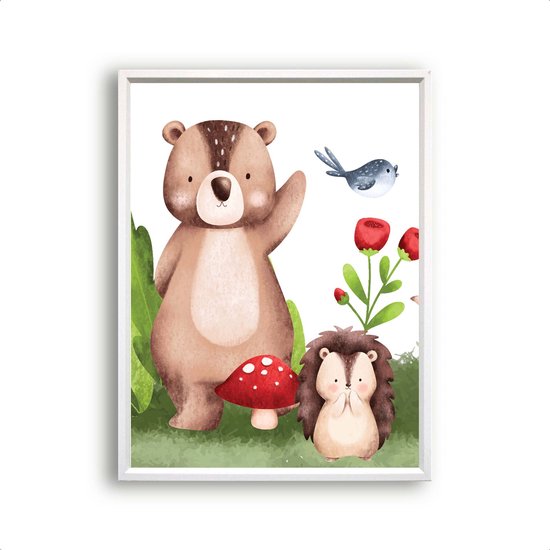 Postercity - Poster blije bosdieren beer egel en vogeltje Aquarel/waterkleur - Bos Dieren Poster - Kinderkamer / Babykamer - 30x21cm / A4