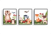 Postercity - Poster set 3 blije bosdieren beer konijn eekhoorn vosje en hertje Aquarel/waterkleur - Bos Dieren Poster - Kinderkamer / Babykamer - 30x21cm / A4