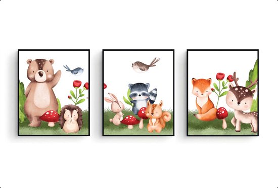 Postercity - Ensemble d'affiches 3 animaux de la forêt heureux ours lapin écureuil renard et cerf Aquarelle / aquarelle - Affiche Animaux de la forêt - Chambre d'enfant / Chambre de bébé - 30x21cm / A4