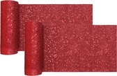 Santex Kerstdiner glitter tafelloper smal op rol - 2x - rood - 18 x 500 cm - polyester