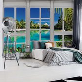 Fotobehang - Vlies Behang - 3D Uitzicht op Tropisch Hawaii door het Raam - 152,5 x 104 cm