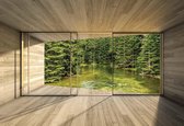Fotobehang Window River Forest Nature | XXL - 312cm x 219cm | 130g/m2 Vlies