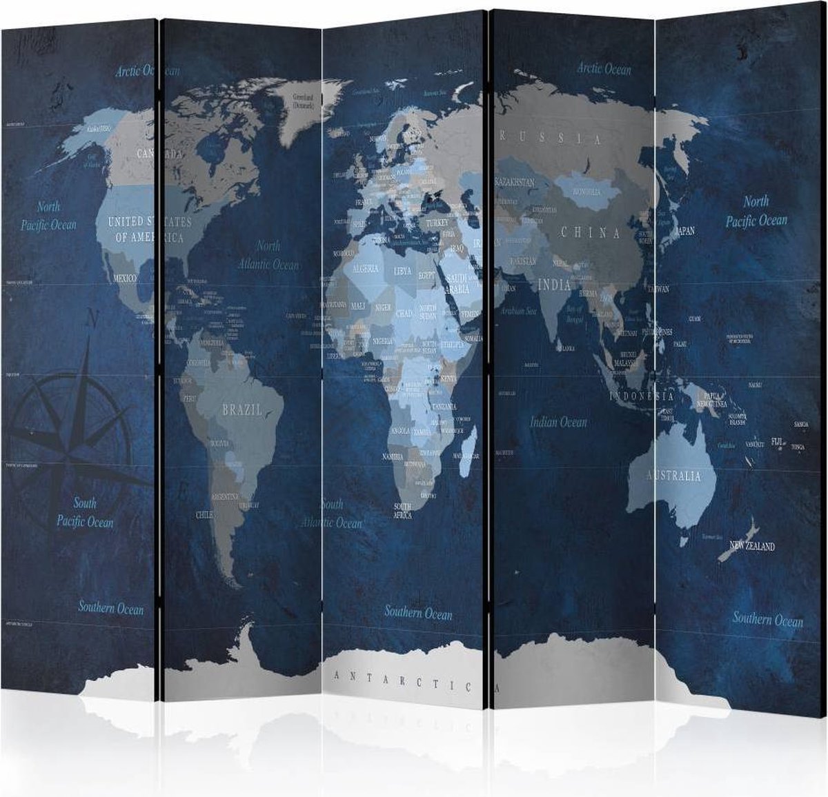 Vouwscherm / Kamerscherm - Donker Blauwe Wereldkaart 225x172cm , gemonteerd geleverd, dubbelzijdig geprint