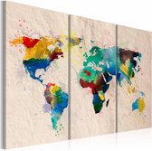 Schilderij - Wereldkaart - De Wereld van Kleuren, 3luik , premium print op canvas