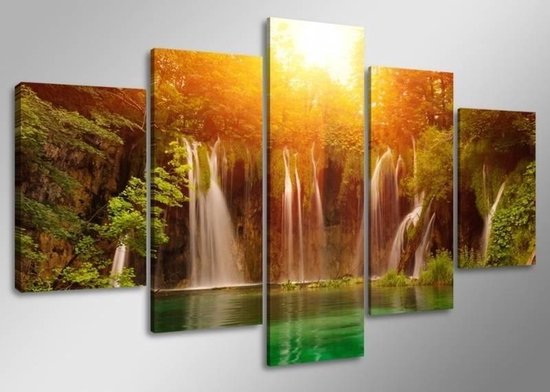 Schilderij - Waterval, Groen/Oranje, 160X80cm, 5luik