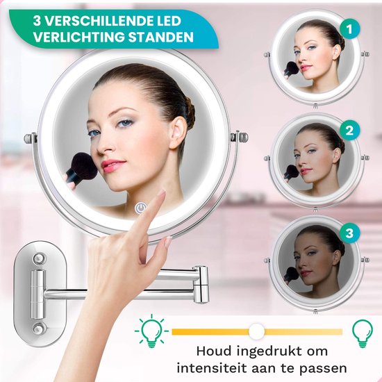 Make Up Spiegel met Led Verlichting - 10X Vergroting - Scheerspiegel - Wandspiegel Rond - Badkamer - Douche - Chroom - Mirlux