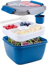 Saladecontainer, lunchcontainer, Bento Box voor lunch, 3 vakken voor salade en snacks, slakom met dressingcontainer, lekvrij, magnetronbestendig, 1500 ml, donkerblauw